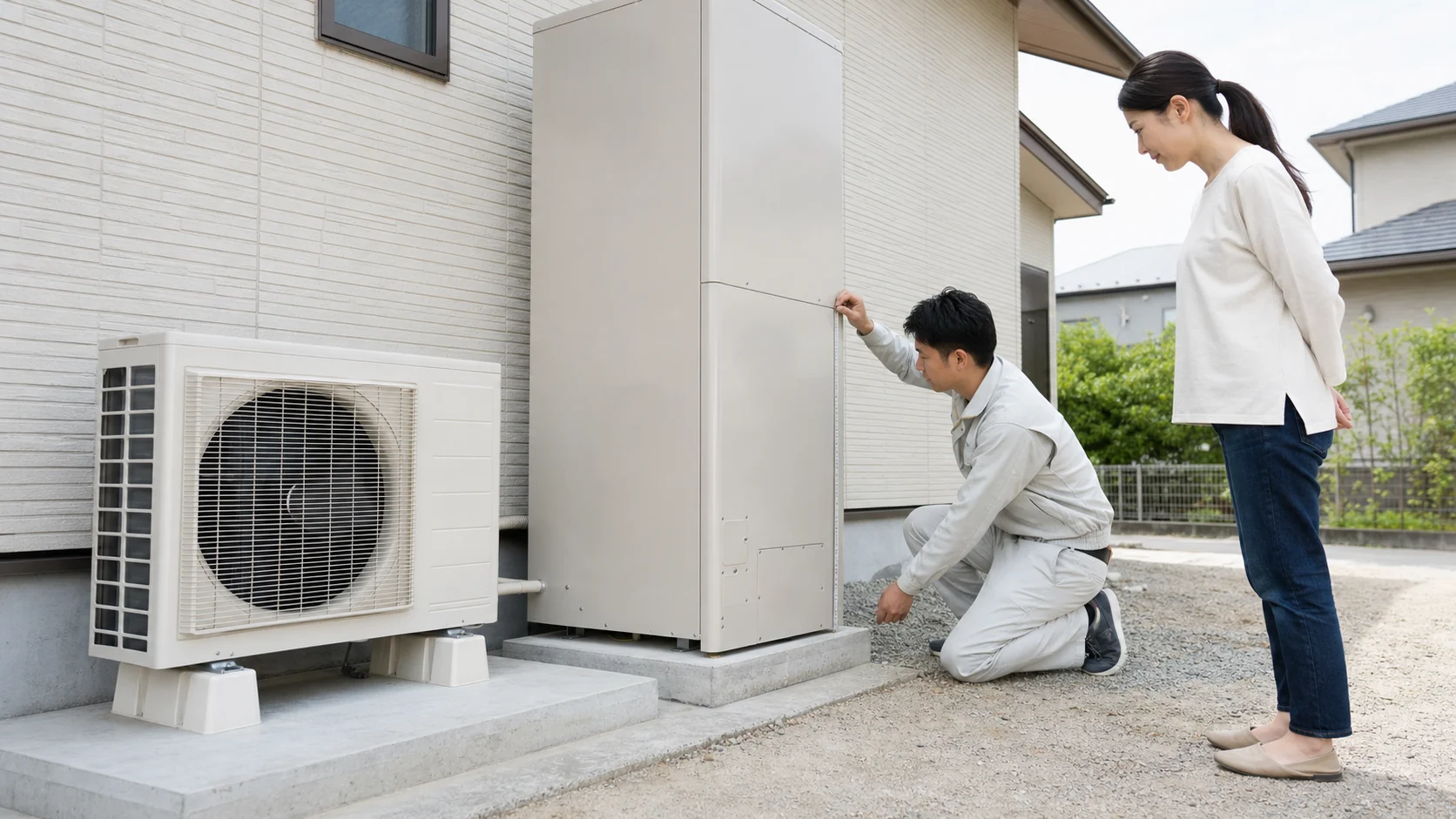エコキュートの設置場所と搬入経路を確認する施工業者