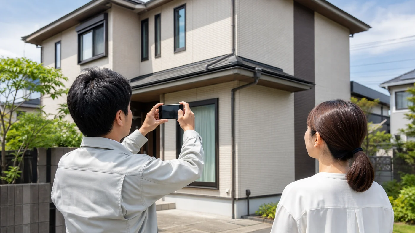 外壁塗装の施工前状態をスマートフォンで記録する日本人の施工担当者