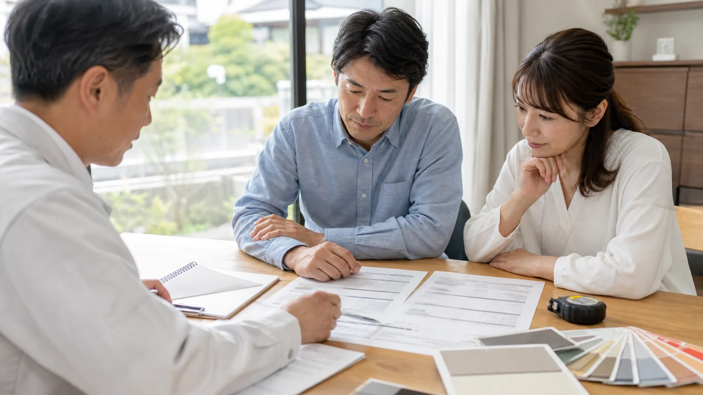 外壁塗装の見積書を施工業者と比較する日本人の施主