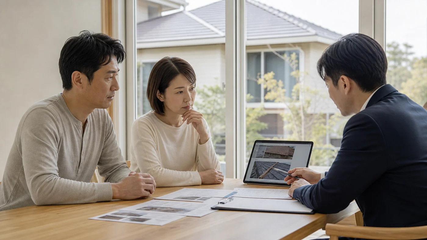 住宅の自然災害による損害について保険担当者に相談する日本人の施主