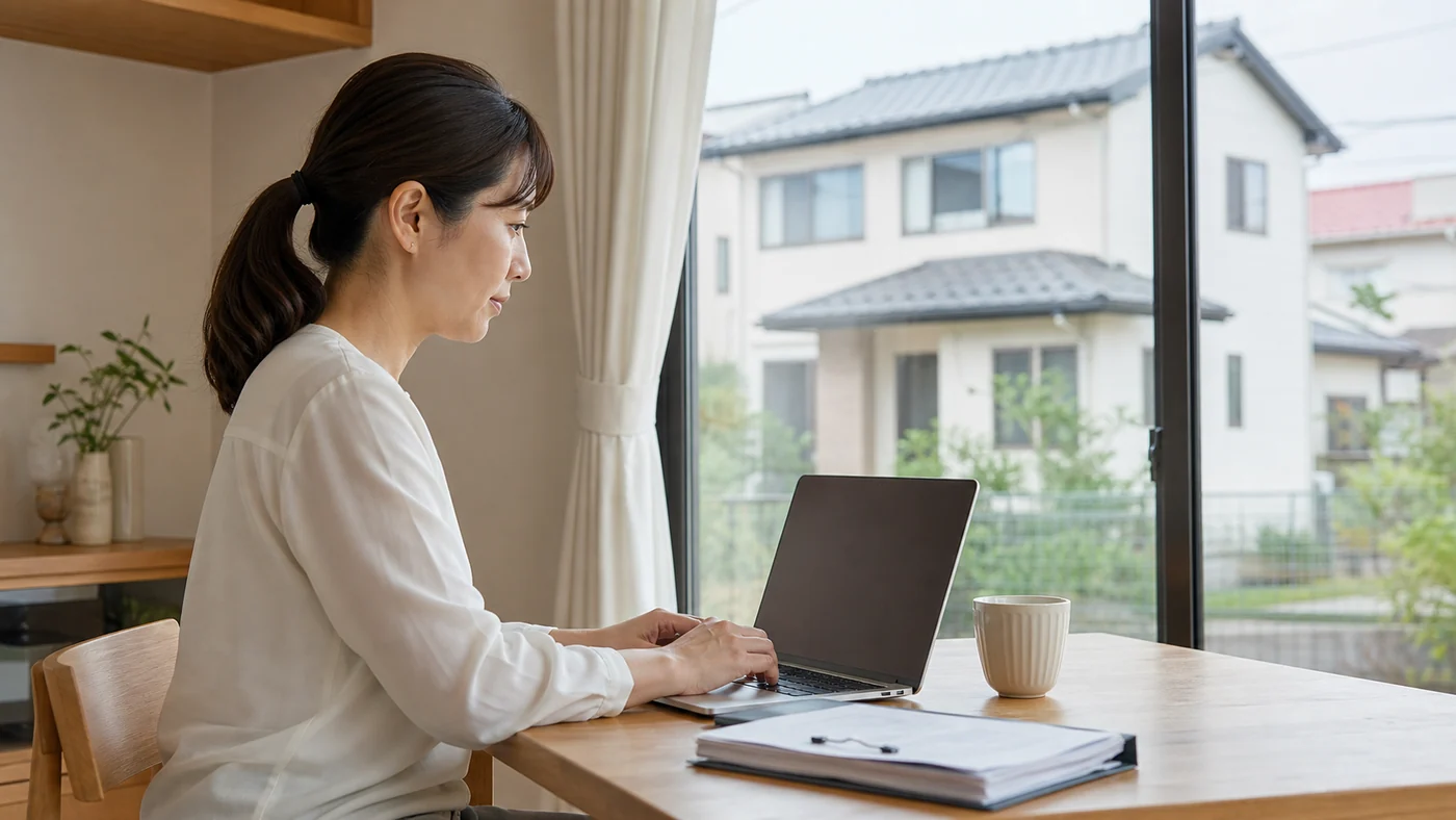 自宅で自治体の外壁塗装助成制度を調べる日本人の施主