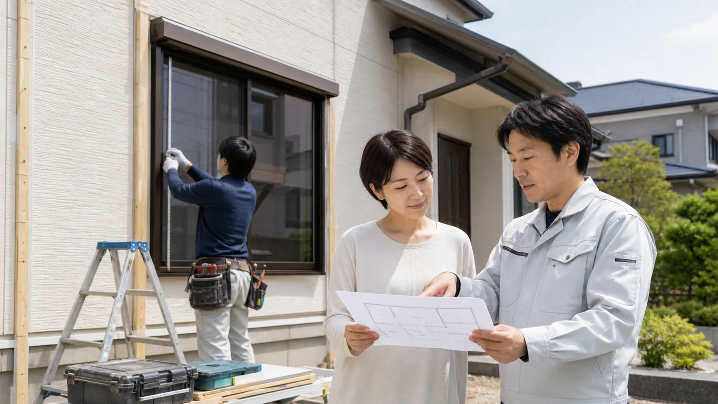 窓断熱と外壁改修を相談する日本人の施主と施工業者