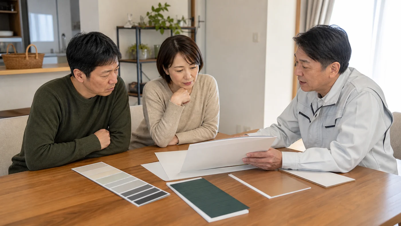 外壁塗装の見積書と色見本を施工業者と比較する日本人の施主