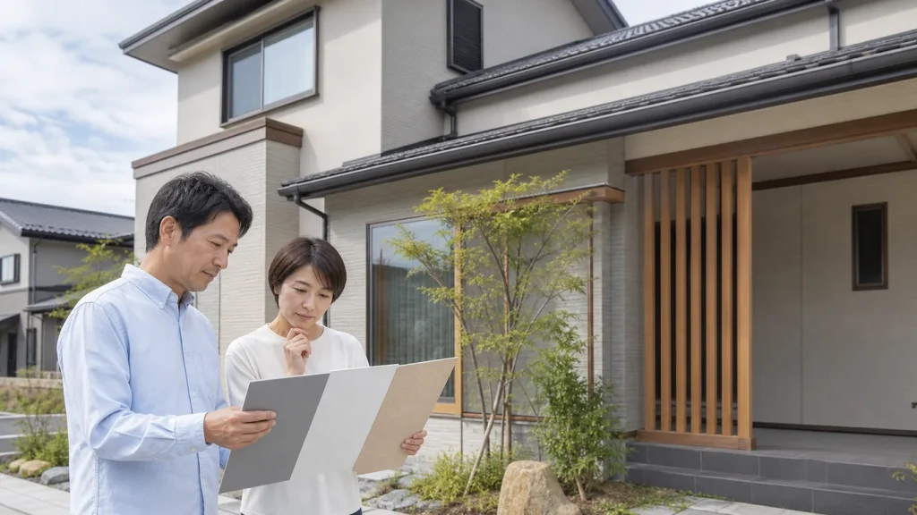 外壁塗装の色選びを検討する日本人の施主と住宅