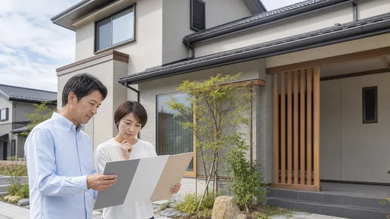 外壁塗装の色選びを検討する日本人の施主と住宅
