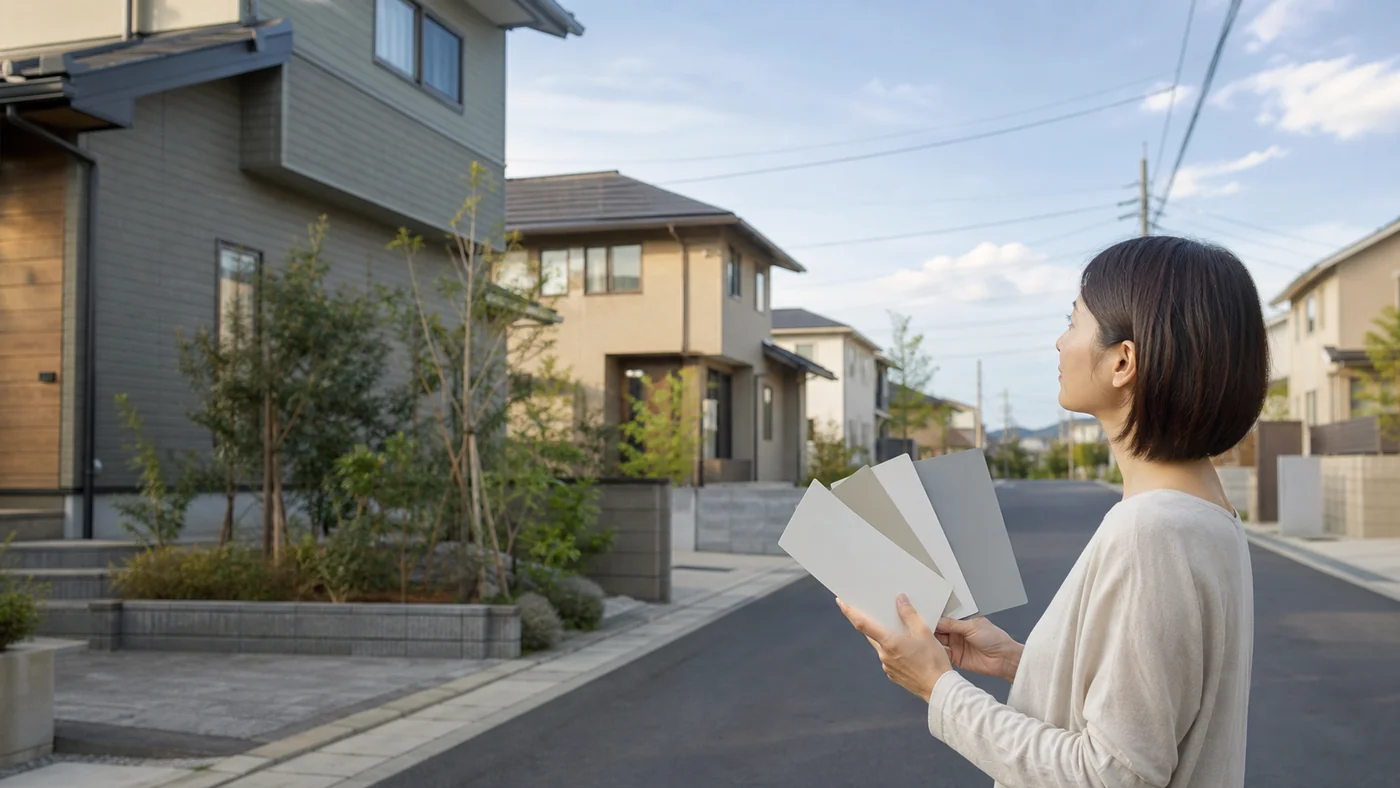外壁塗装の色選びで周囲の住宅と街並みの調和を確認する日本人の施主