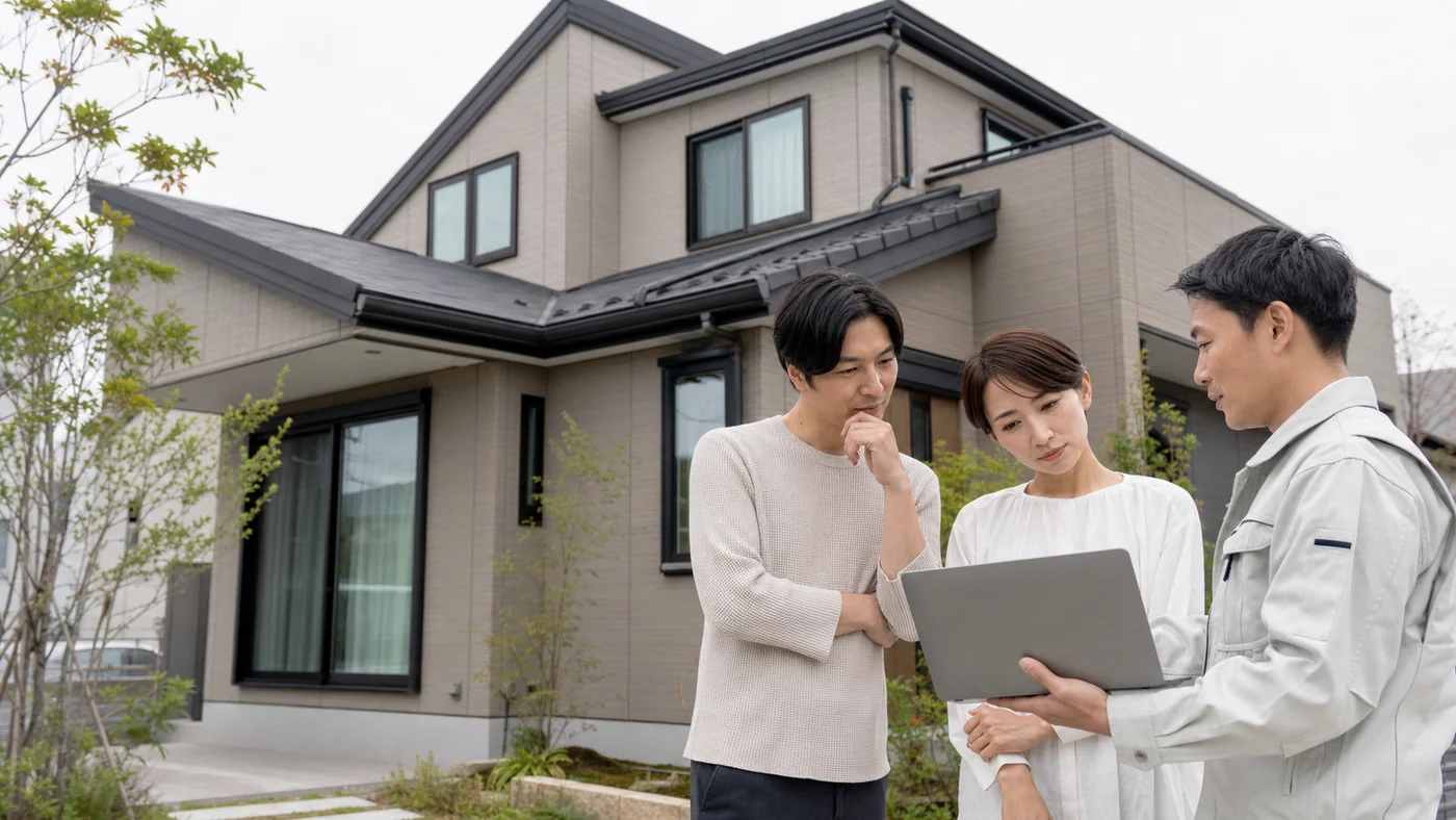 外壁塗装のカラーシミュレーションで屋根と外壁の配色を確認する日本人の施主