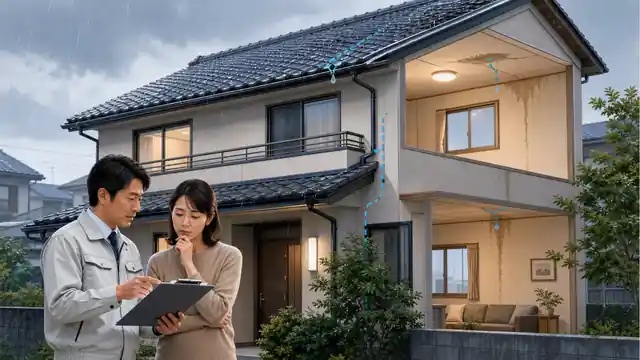 雨漏り修理の見積もりを確認する日本人の施主と屋根修理業者のイメージ