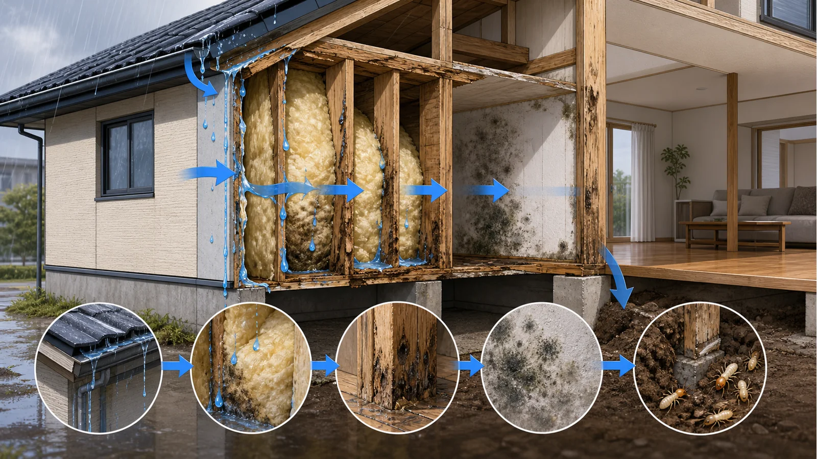 雨漏りの二次被害と建物内部の劣化を示すイメージ