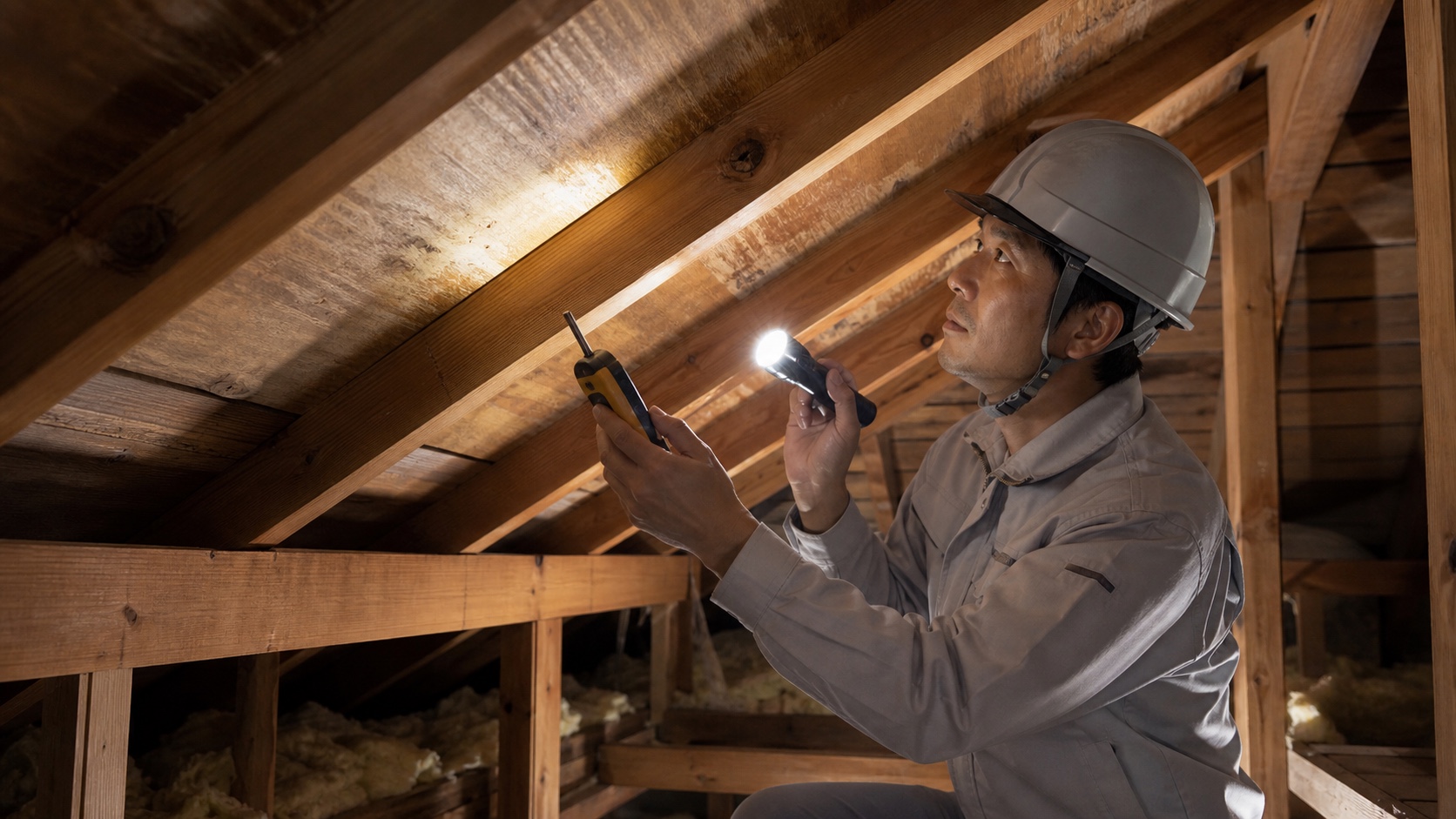 屋根裏の下地を点検する日本人の建物調査員