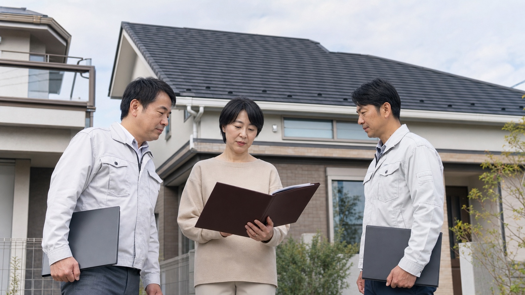 屋根修理の提案を比較する日本人の施主と施工担当者