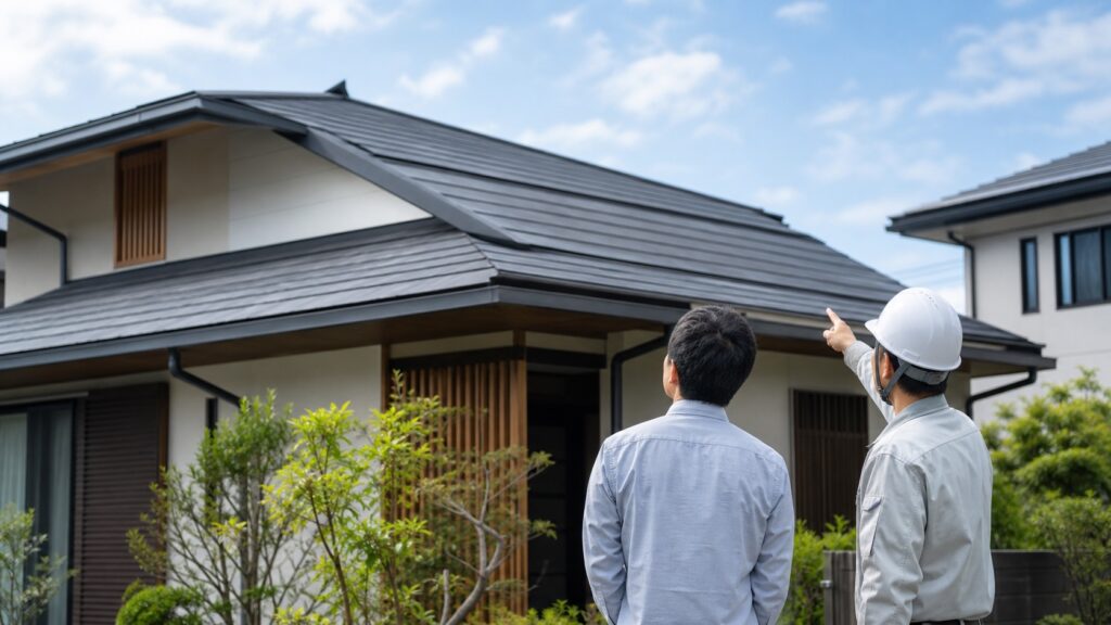 屋根カバー工法を検討する日本人の施主と屋根職人