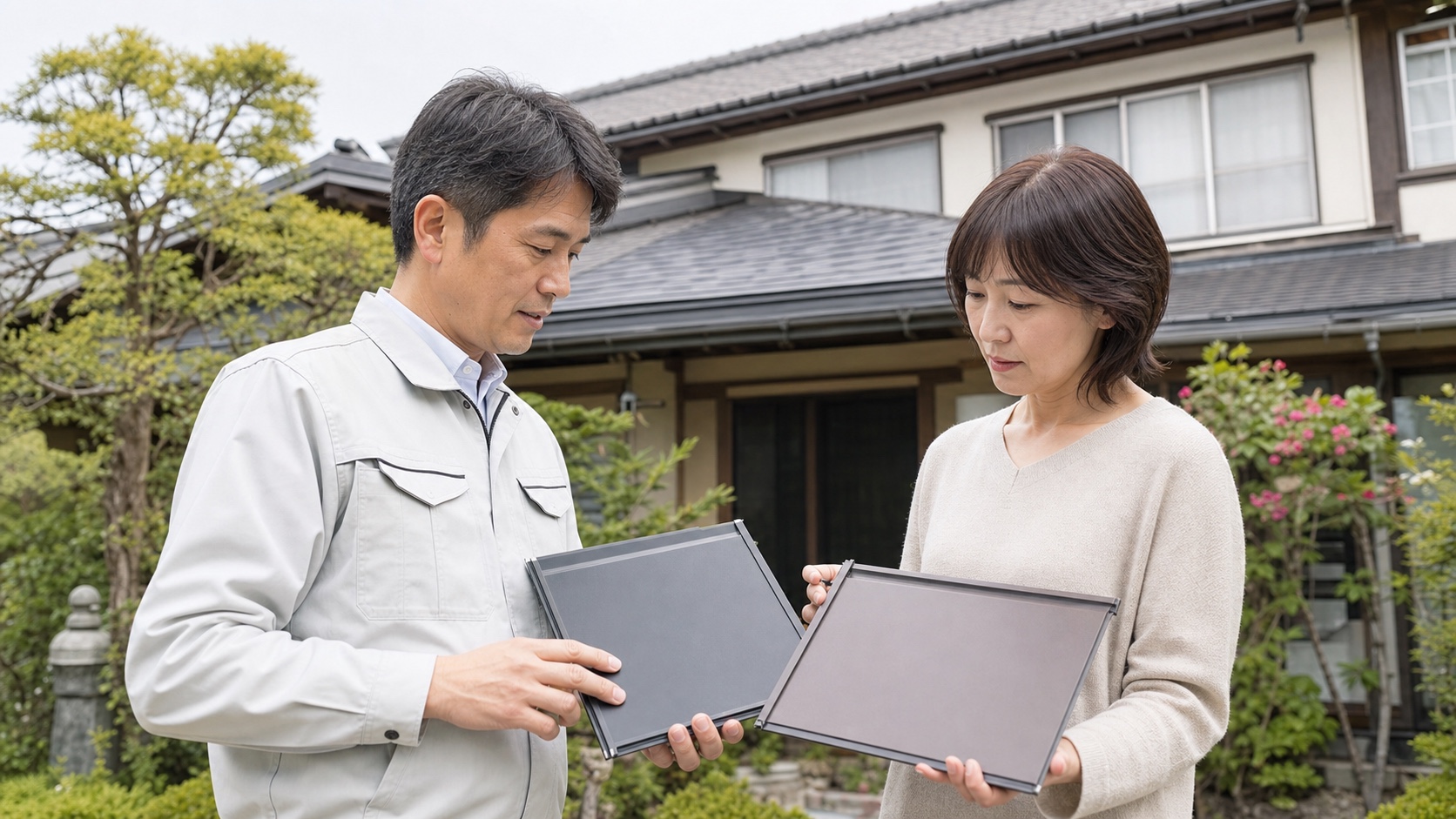 屋根材のサンプルを比較する日本人の施主と施工担当者