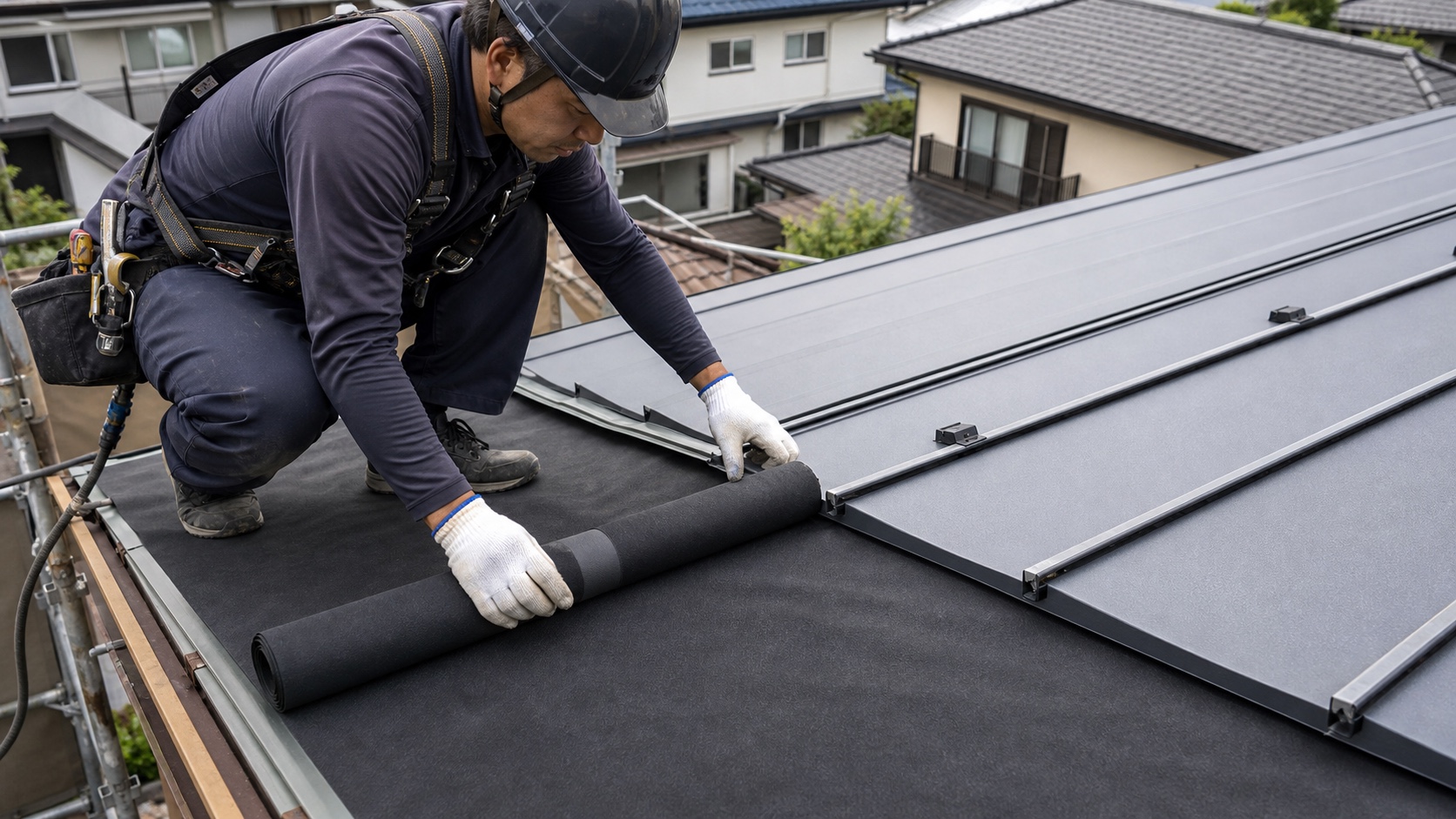 屋根カバー工法で防水シートを施工する日本人の屋根職人