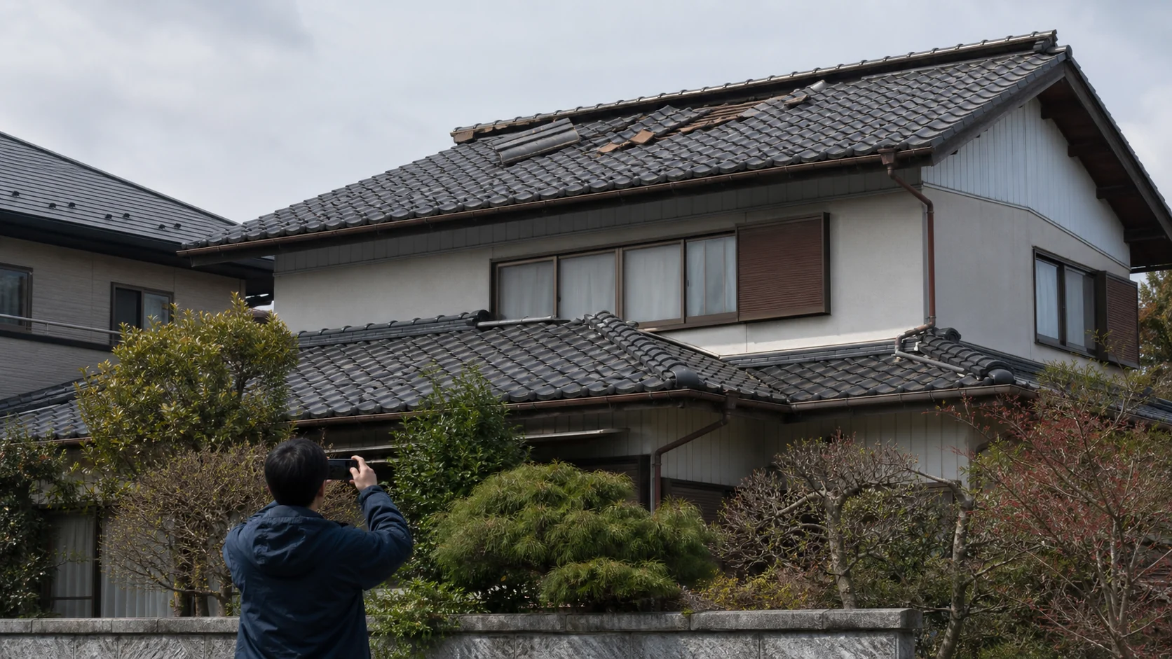 強風で屋根材がずれた日本の住宅を地上から撮影する施主