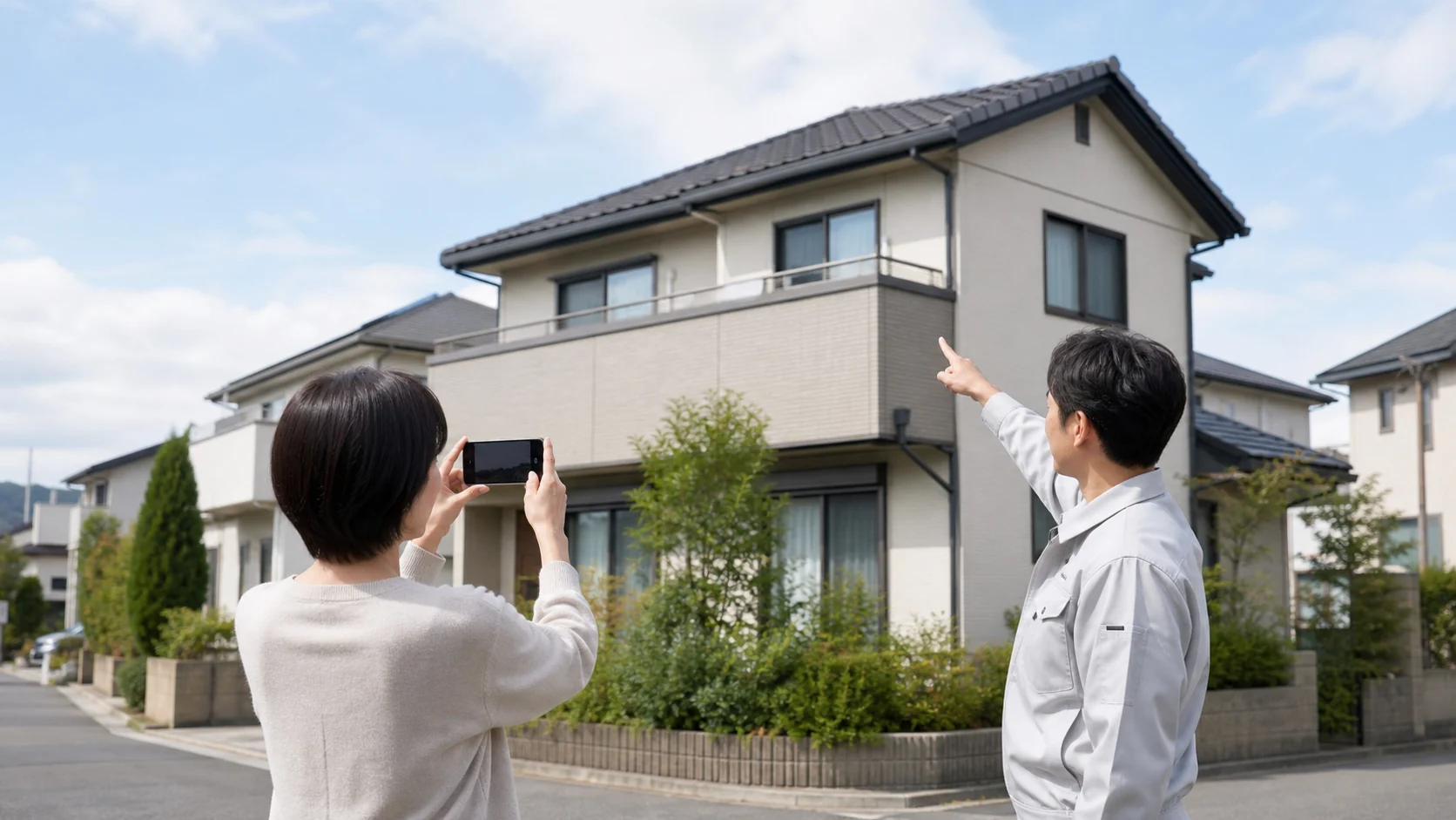 屋根に上らず地上から屋根の状態を撮影する日本人の施主
