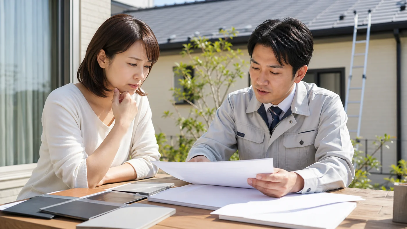 屋根塗装の見積書で平米単価と塗料名を確認する日本人の施主