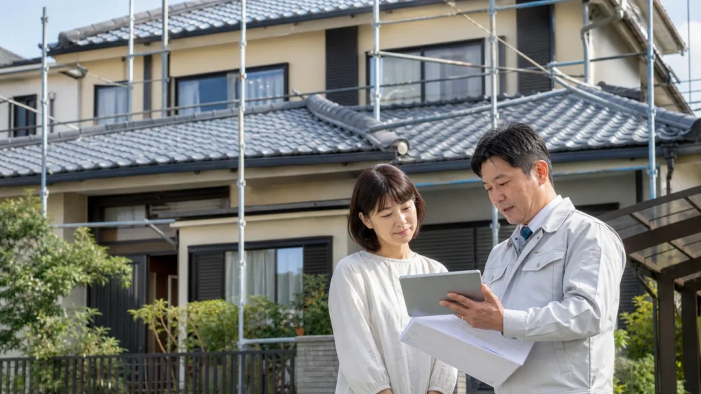 屋根塗装の費用相場を見積書と屋根の前で確認する日本人の施主