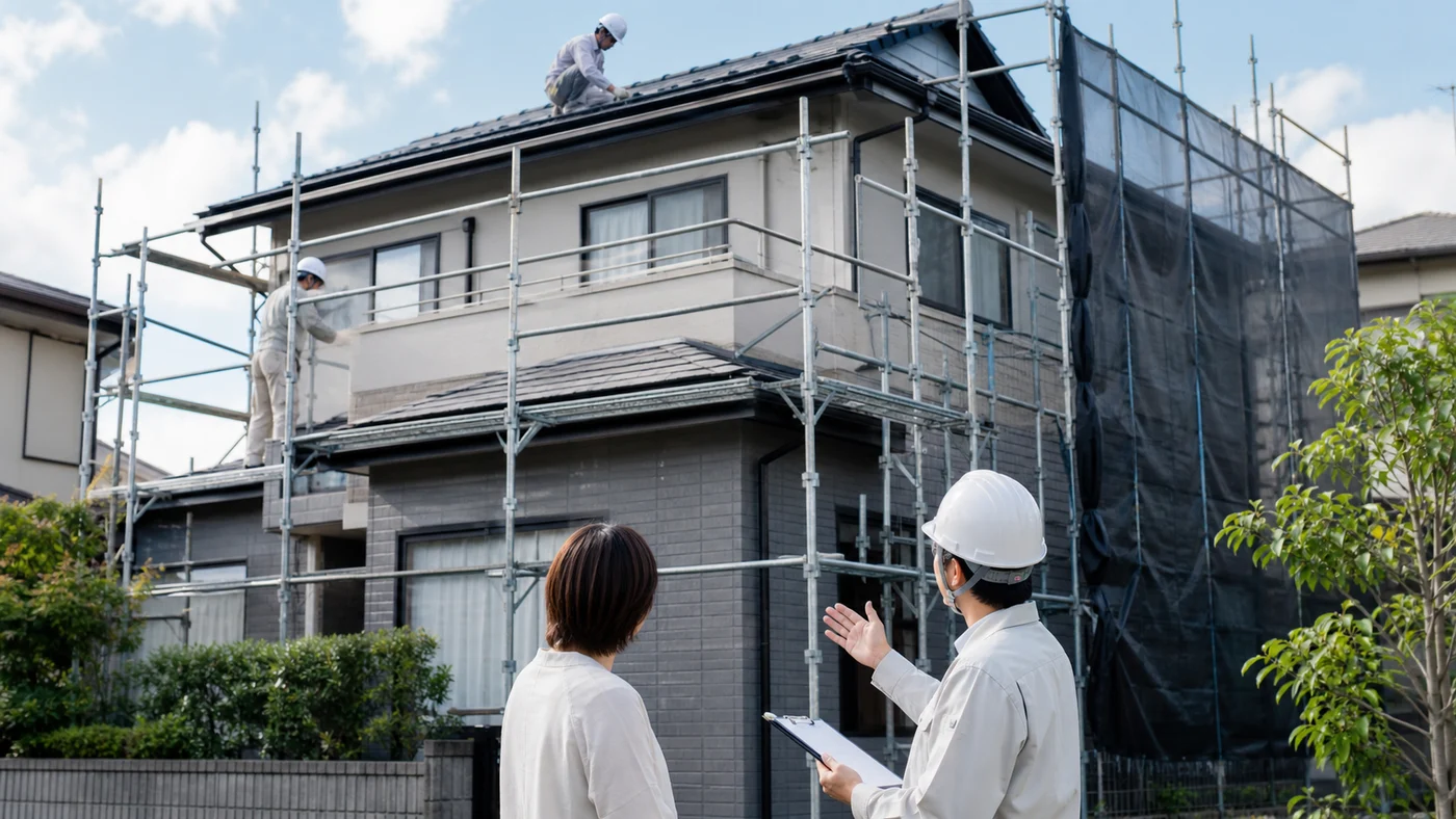 屋根塗装と外壁塗装を同時施工するために足場を組んだ日本の戸建て住宅