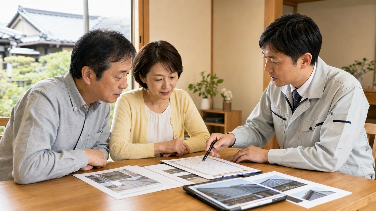 日本人の屋根修理業者と施主が見積もり内容を確認するイメージ