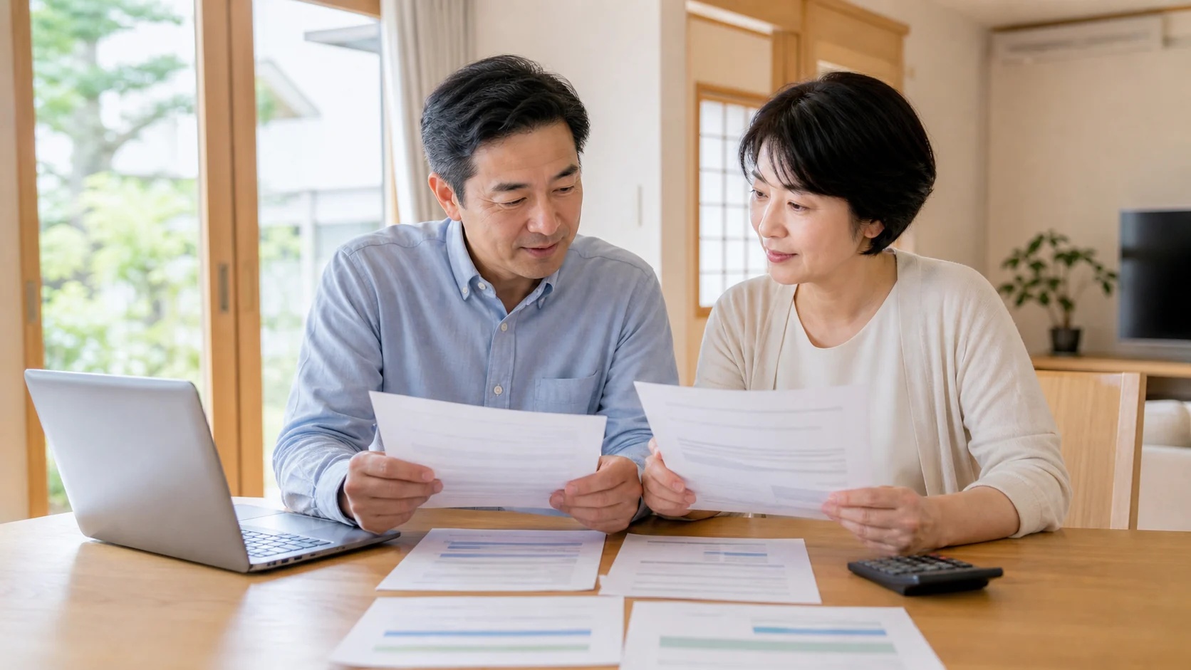 屋根修理の複数見積もりを自宅で比較する日本人夫婦