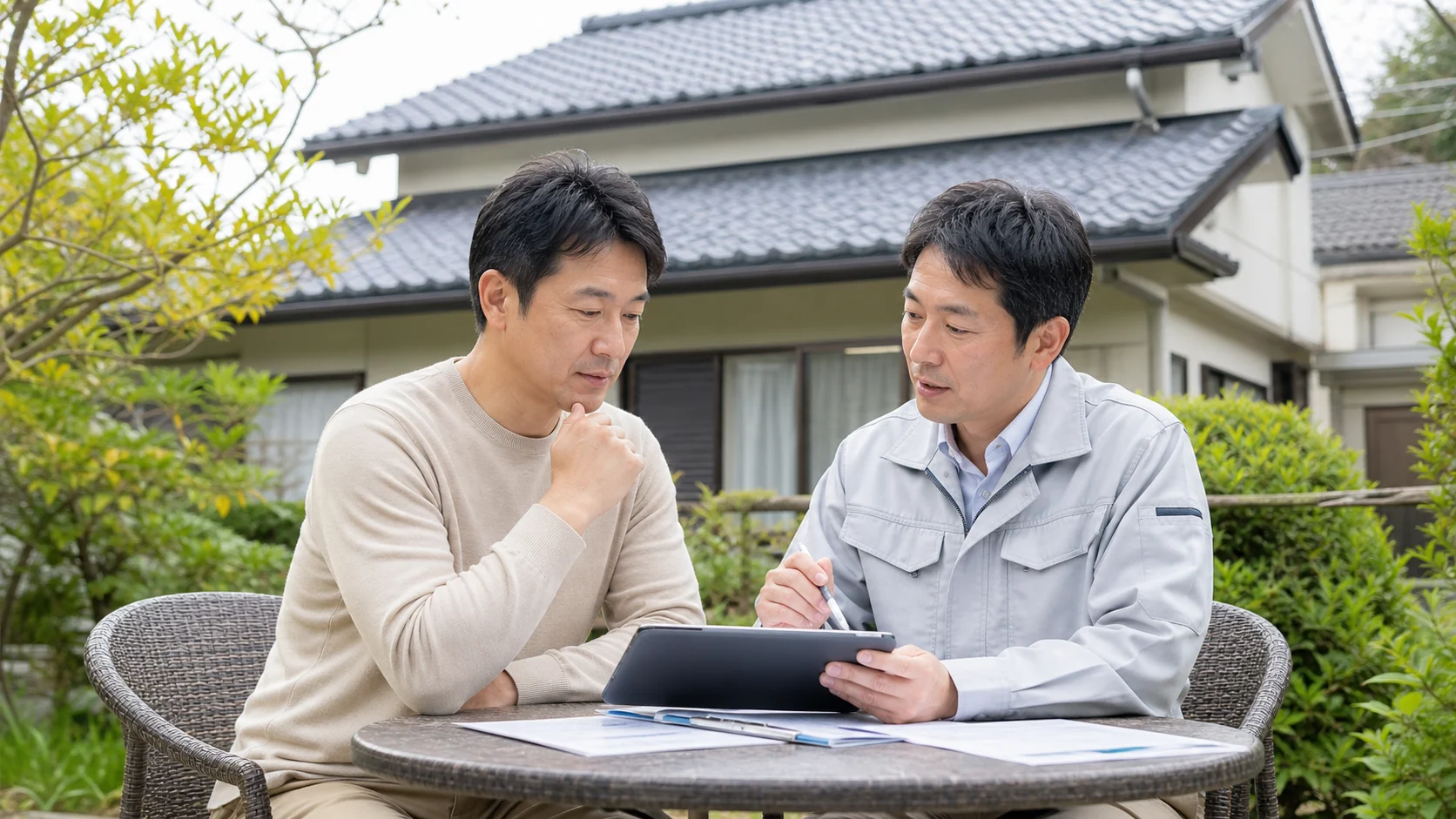 屋根修理の依頼先を住宅前で相談する日本人の施主と専門業者