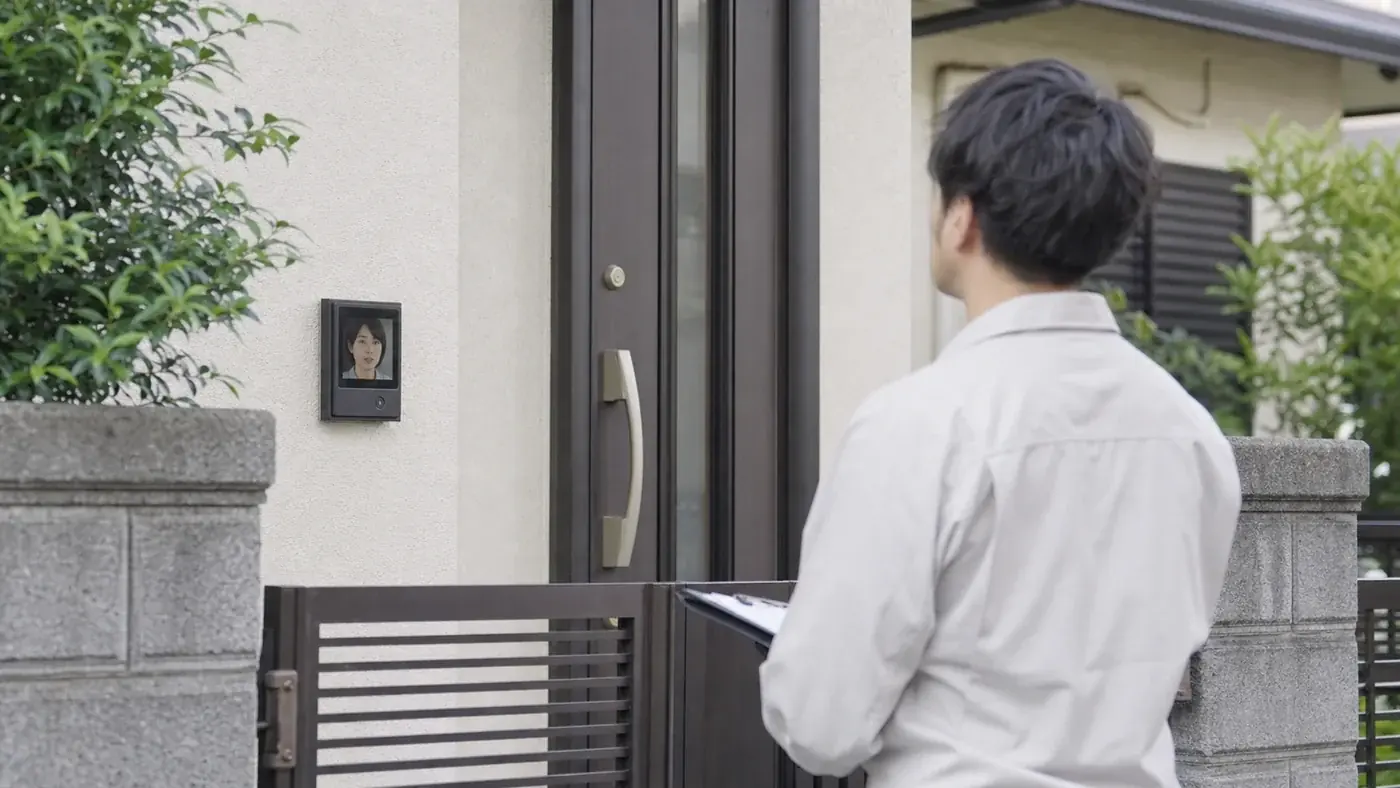 屋根修理の訪問営業を玄関先で慎重に対応する日本人の施主