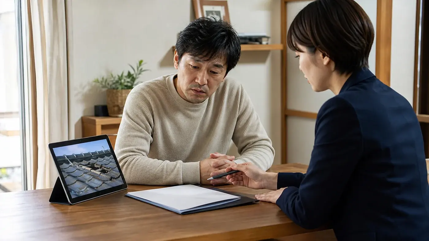火災保険を使った屋根修理営業の説明を慎重に確認する場面