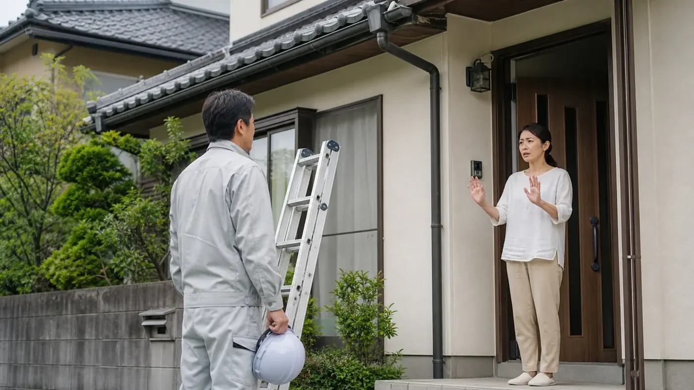 突然の屋根点検営業を断り屋根に上らせない対応をする場面