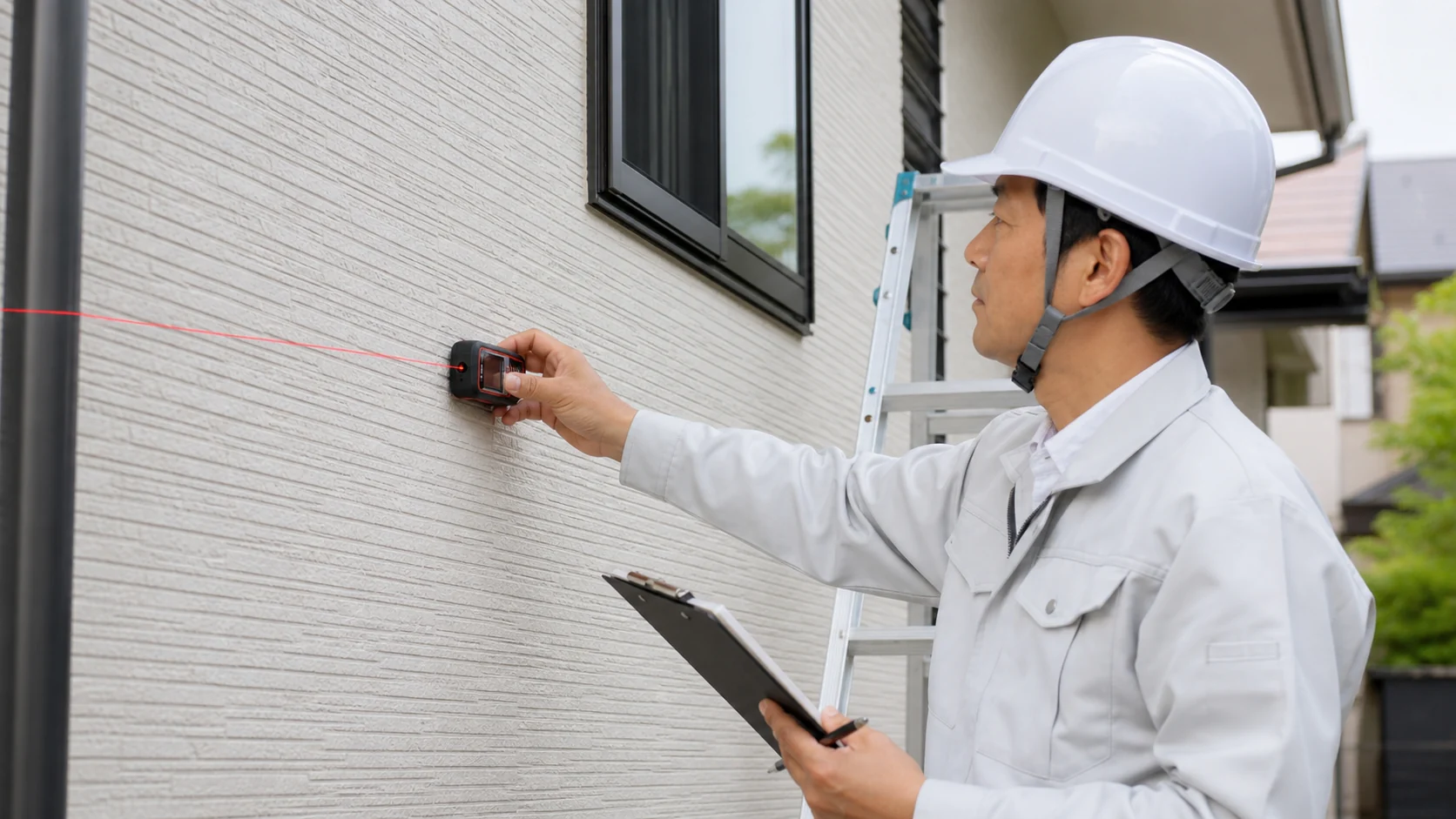 外壁塗装の現地調査で外壁面積を測る施工担当者
