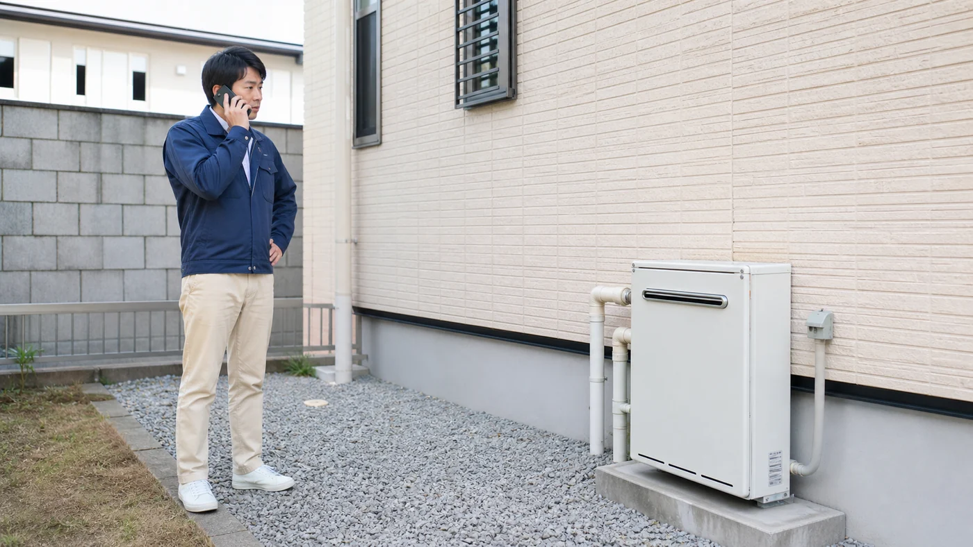 日本人の住宅所有者が屋外給湯器から距離を取り電話で専門窓口へ相談している様子
