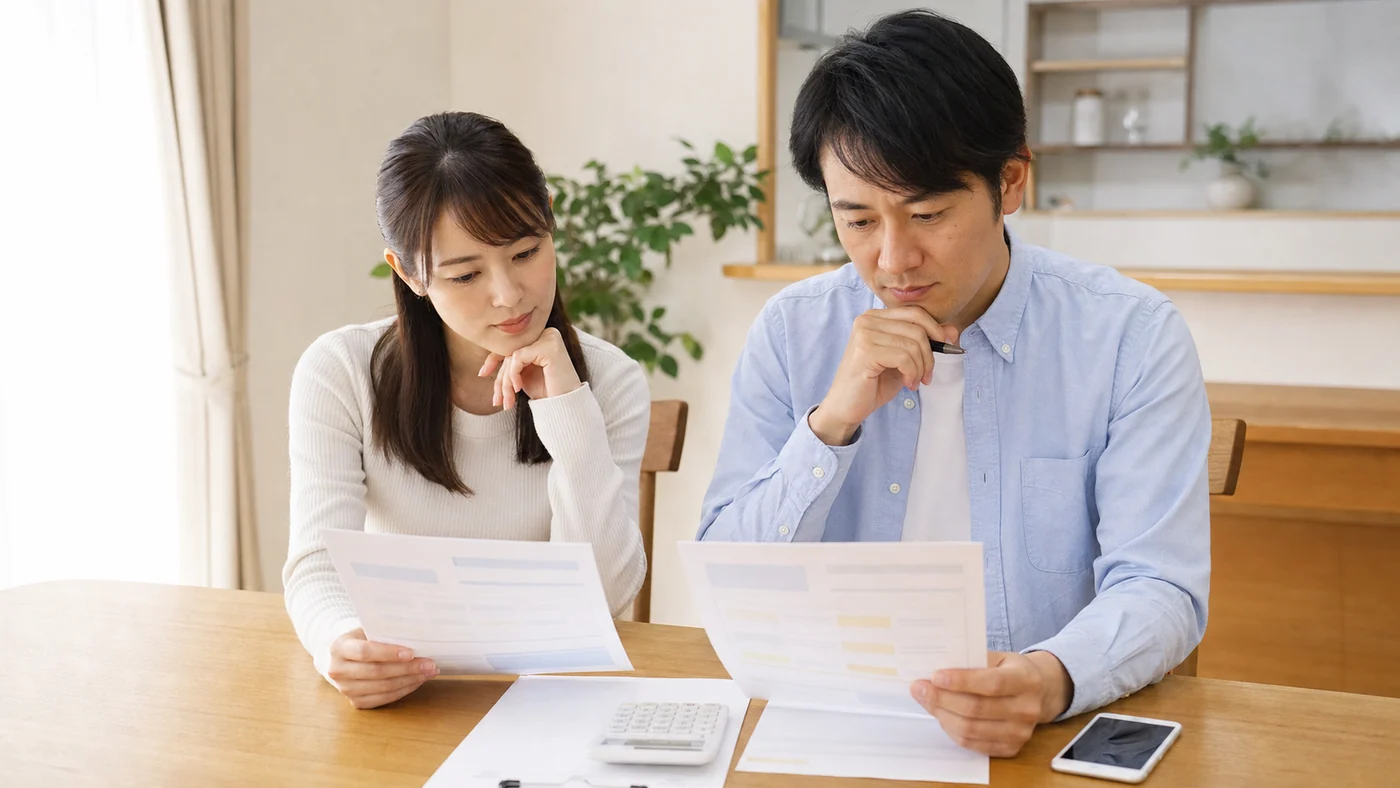 日本人の夫婦が給湯器交換の見積書を比較している様子