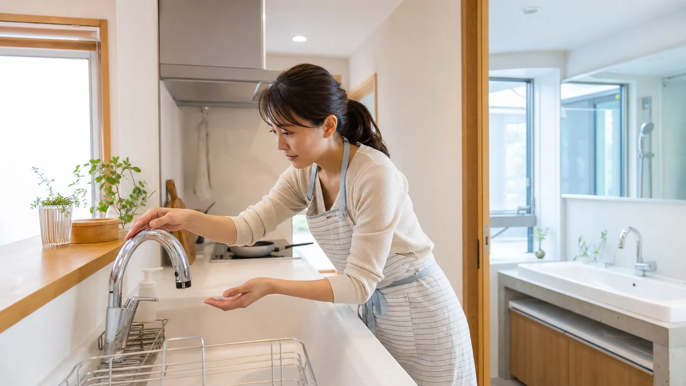 日本人の住宅所有者がキッチンの蛇口を確認して給湯器の不具合を切り分けている様子