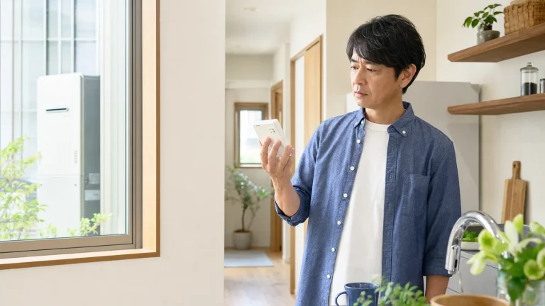 給湯器でお湯が出ず困っている日本人の住宅所有者と給湯器リモコン