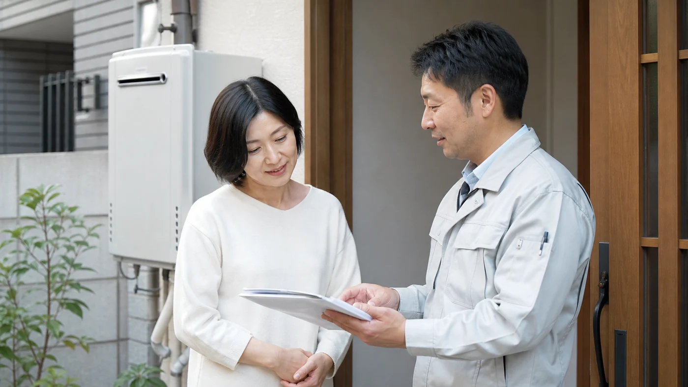 日本人の住宅所有者が専門業者と給湯器交換の見積もりを確認している様子