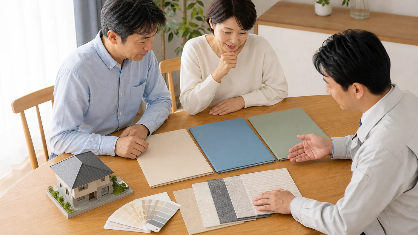 屋根と外壁塗装の複数の見積もり条件を比べる日本人の夫婦のイメージ