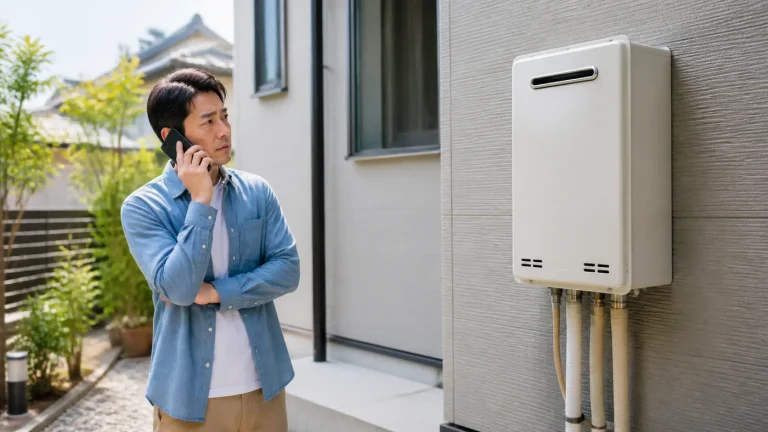 ガス給湯器の水漏れについて電話相談する日本人住宅所有者のイメージ