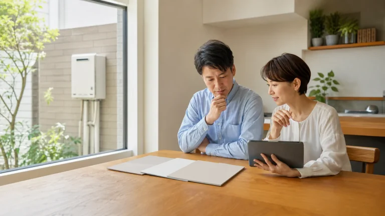 給湯器メーカーの候補を自宅で比較する日本人夫婦のイメージ