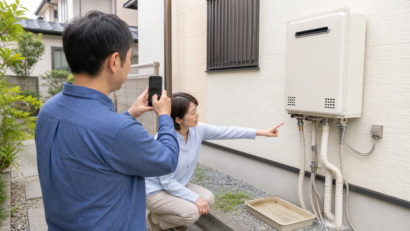 給湯器全体と水漏れ箇所を安全な距離から撮影する日本人家族のイメージ