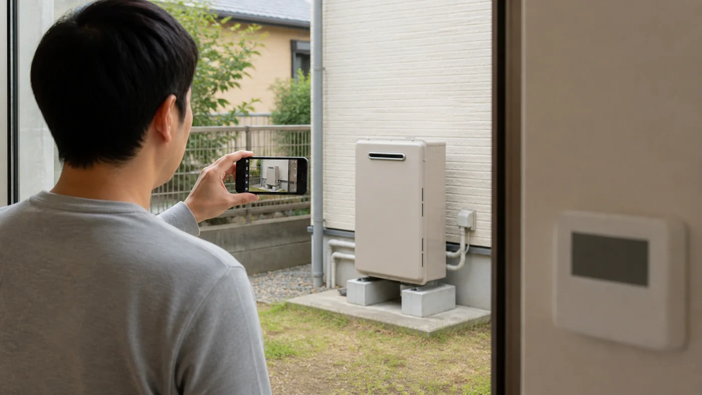 給湯器から離れた位置で異音とリモコン表示を記録する日本人住宅所有者のイメージ