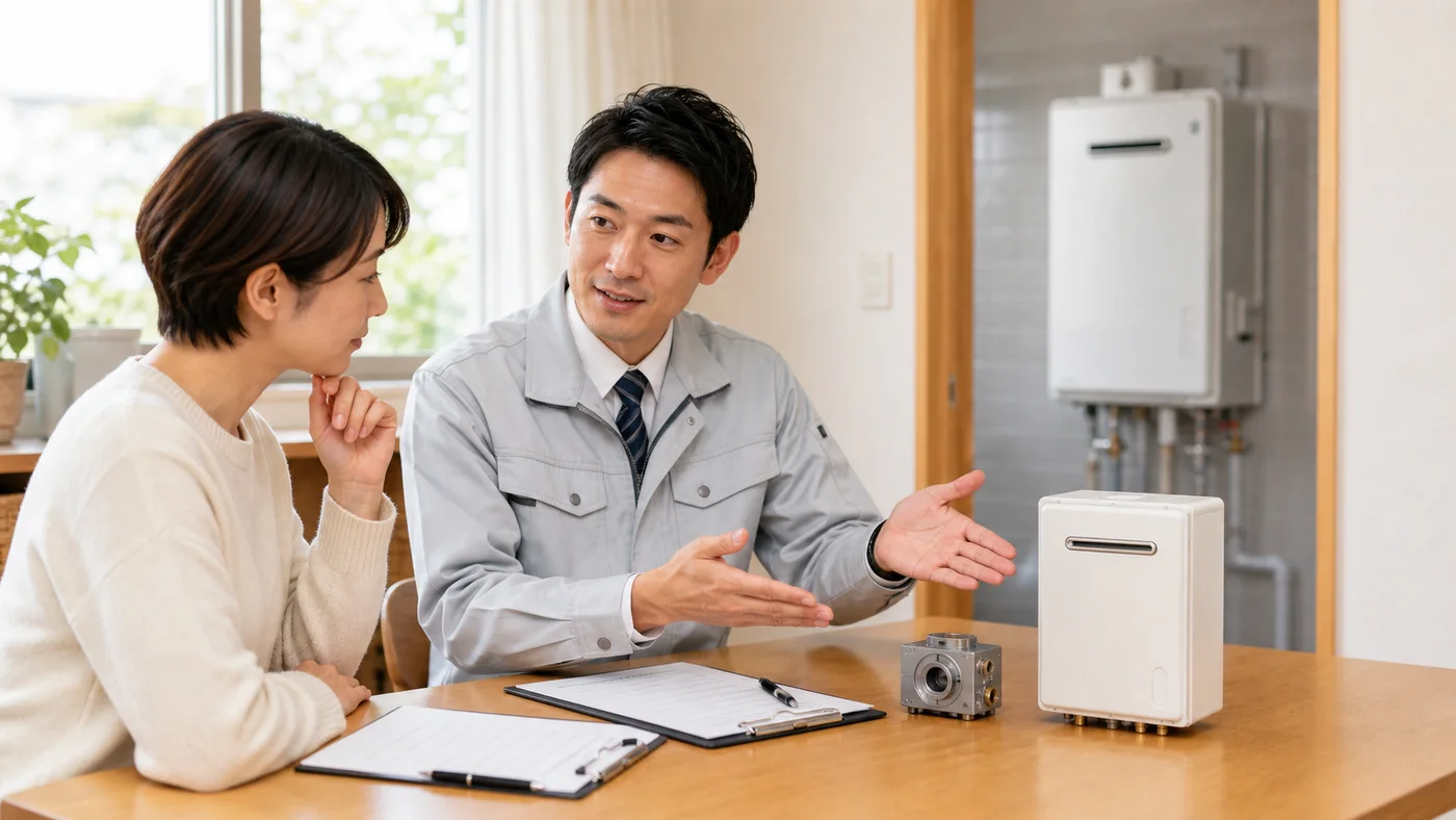 給湯器の修理と交換の見積もりを日本人住宅所有者と施工担当者が比較するイメージ