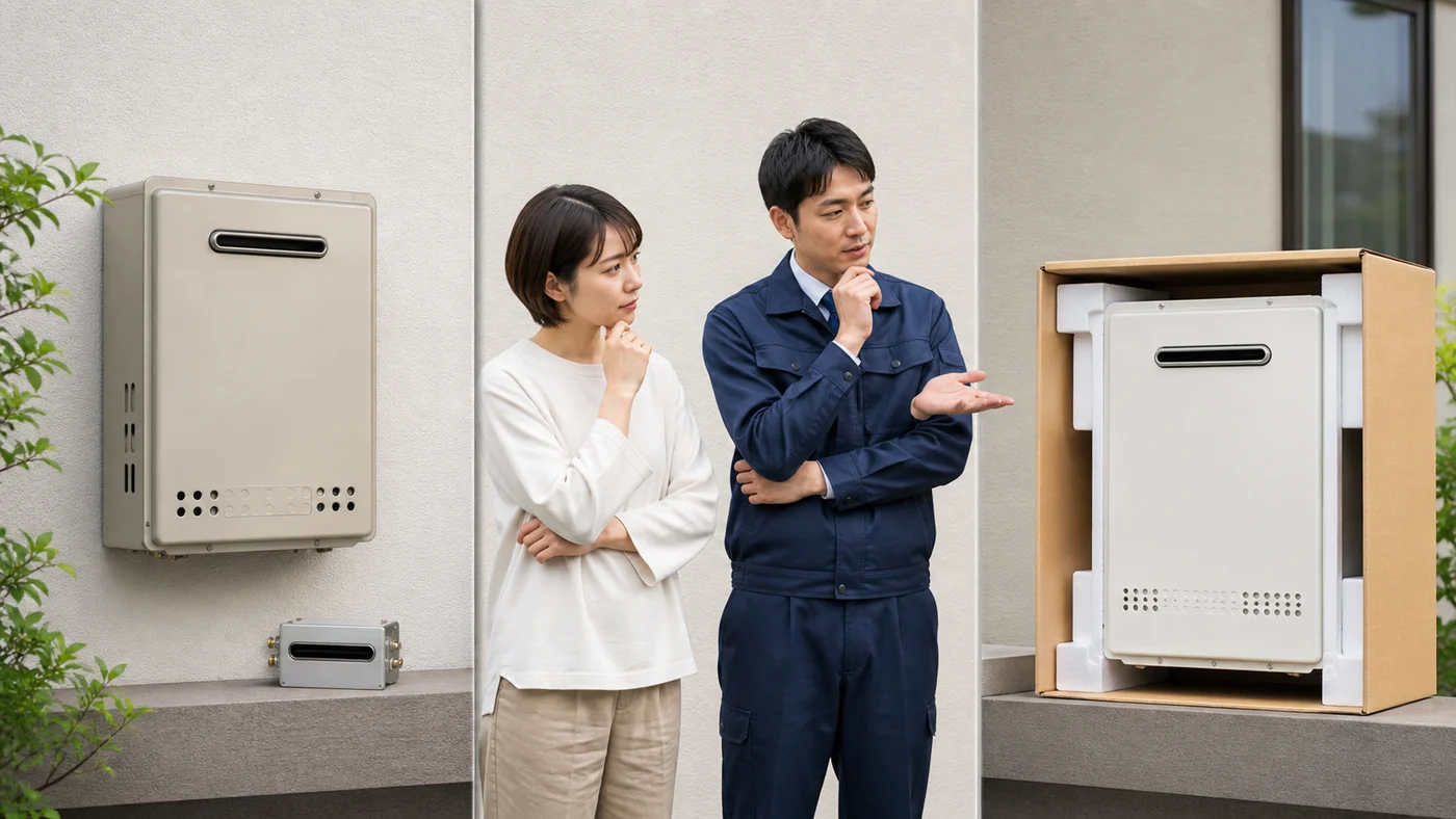 古い給湯器の修理と新しい機器への交換を比較する日本人住宅所有者のイメージ