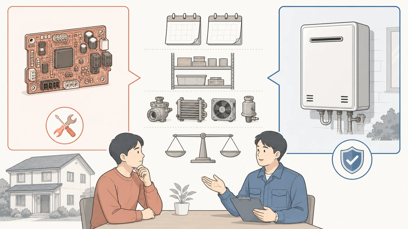 給湯器の基板修理と本体交換の条件を比べる日本人施主と担当者