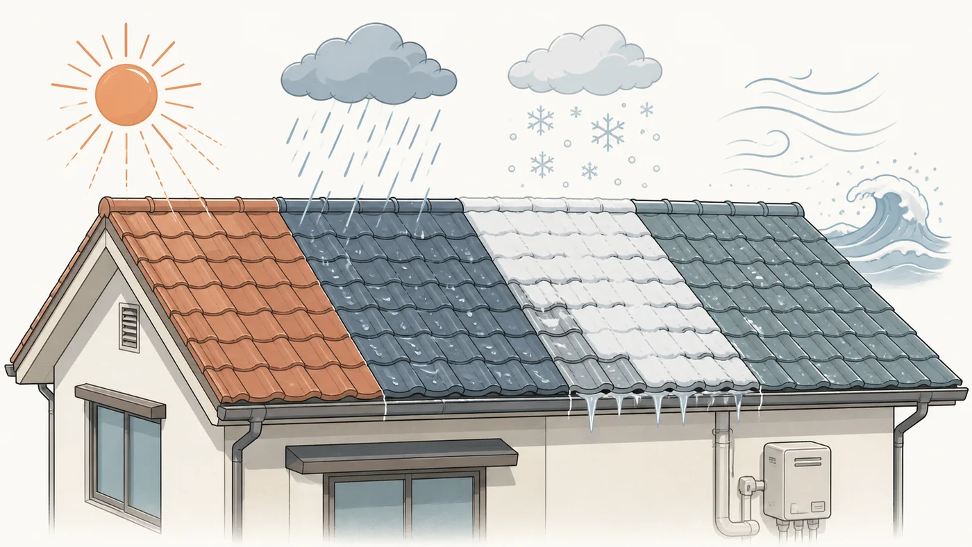 日射と雨雪と塩害が屋根塗膜の劣化を早める要因の図解