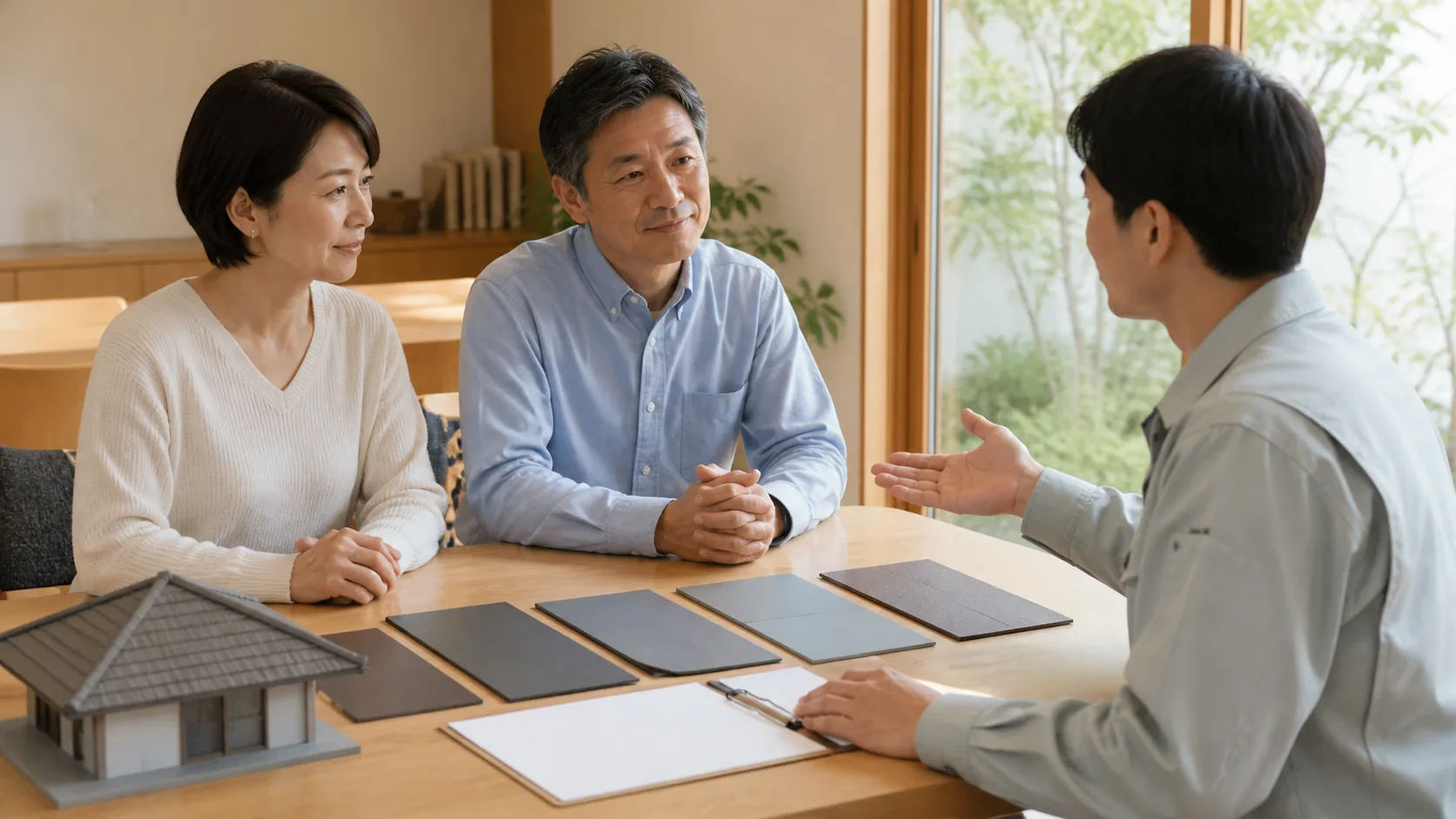 日本人の施主が屋根業者と契約前に屋根材や工法を確認するイメージ