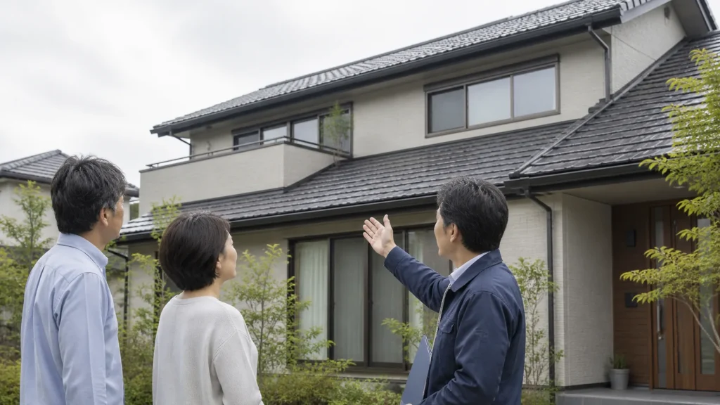 日本の戸建て住宅の屋根を見上げてカバー工法を相談する施主夫婦と担当者