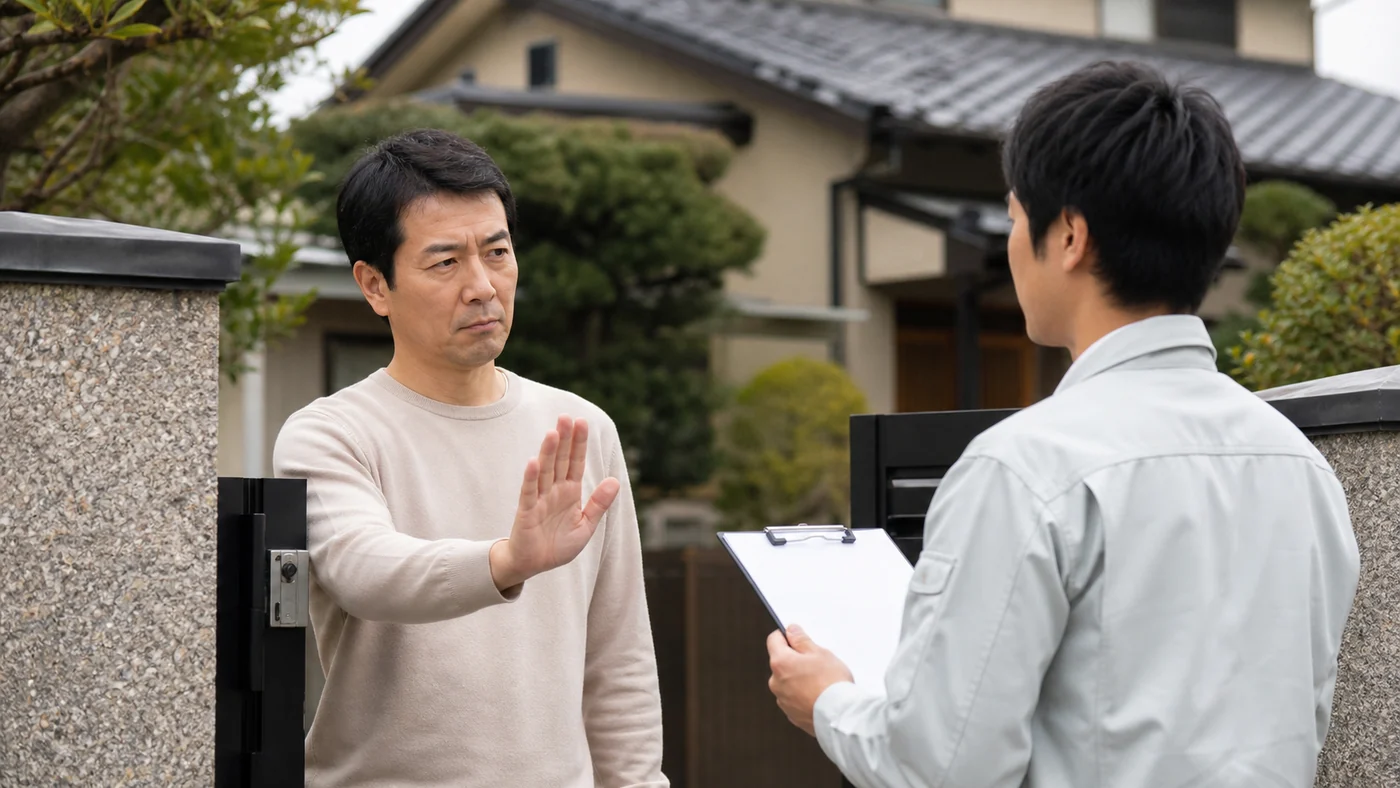 屋根点検の訪問営業を玄関先で断る日本人の施主