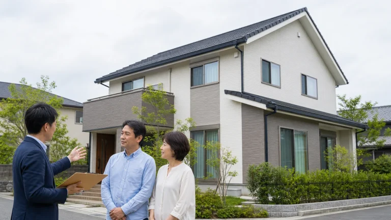 屋根と外壁の同時塗装を相談する日本人夫婦と住宅アドバイザー