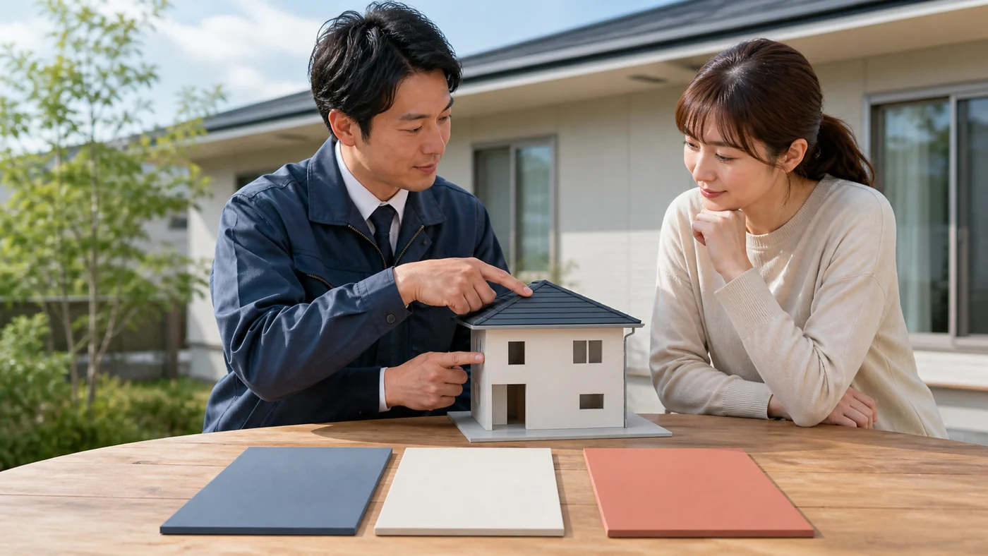 屋根と外壁の塗装範囲を施工担当者と確認する日本人の施主のイメージ