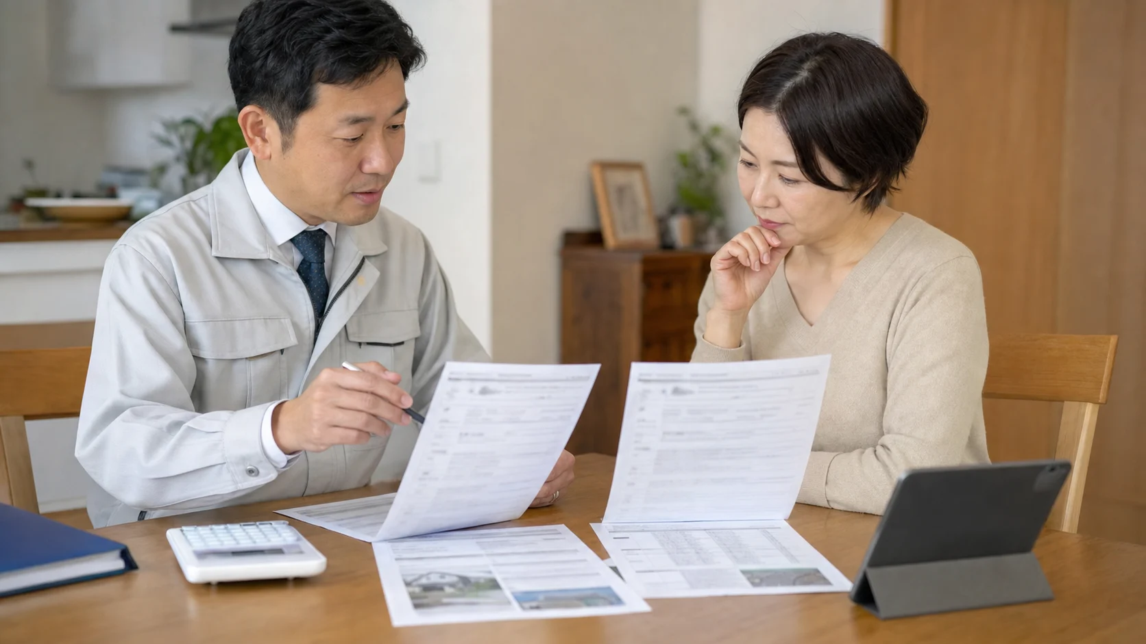 日本の住宅で屋根修理の見積書を複数比較する施主と担当者